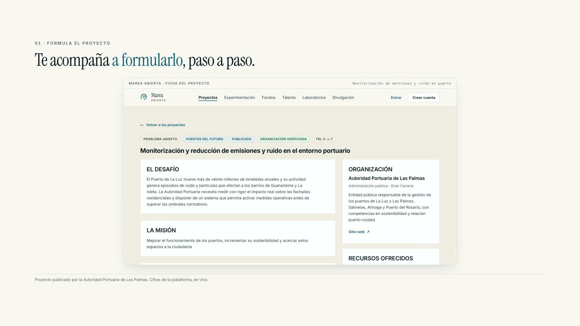 Fotograma del vídeo: la ficha real del proyecto de la Autoridad Portuaria de Las Palmas, con su madurez TRL y su financiación declarada.